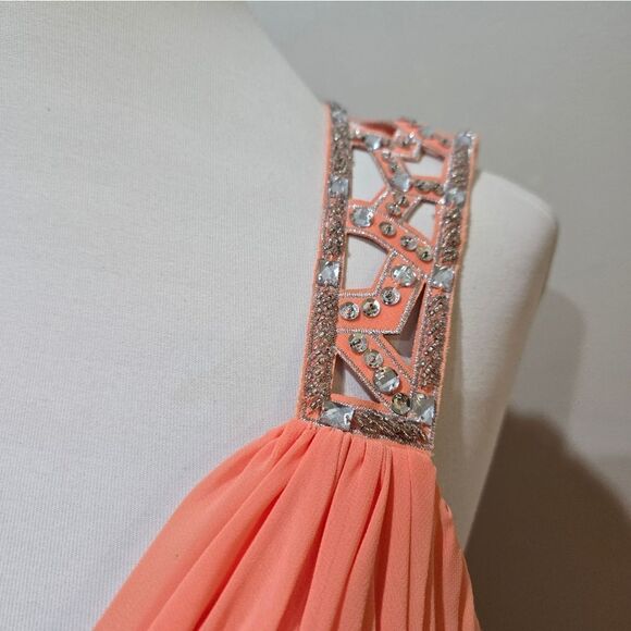 B Darlin Peach Chiffon Plunge Sequins Cutout Ladder Back Formal Gown 9/10 - Picture 3 of 4